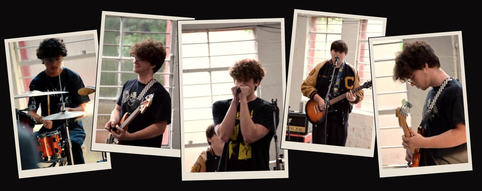 Five photos from Burn Line's first show: drums, bass, vocals, guitar.